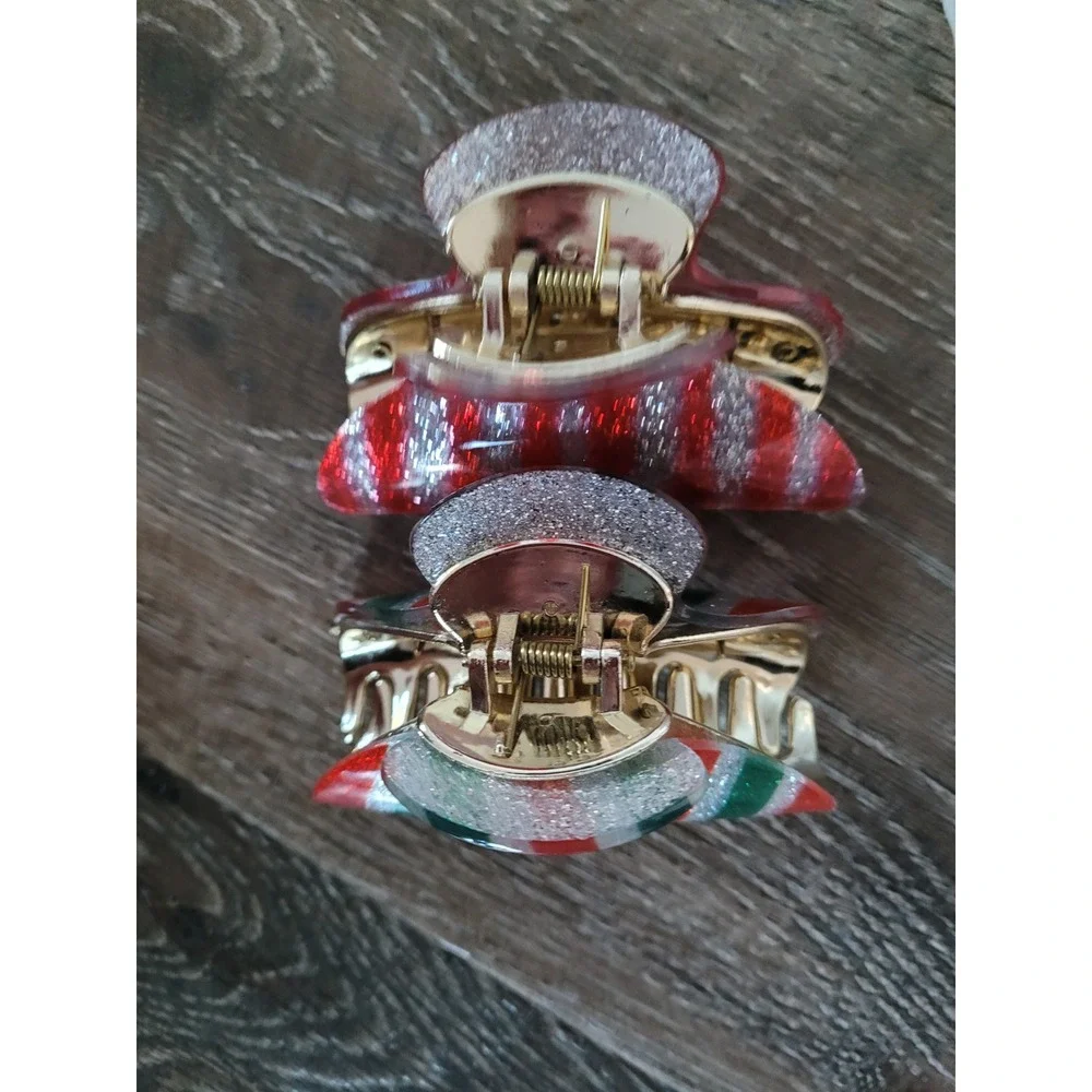 Christmas Glitter Hair Claw Clip Set Red Green Silver Striped Candy Cane 2pc #2